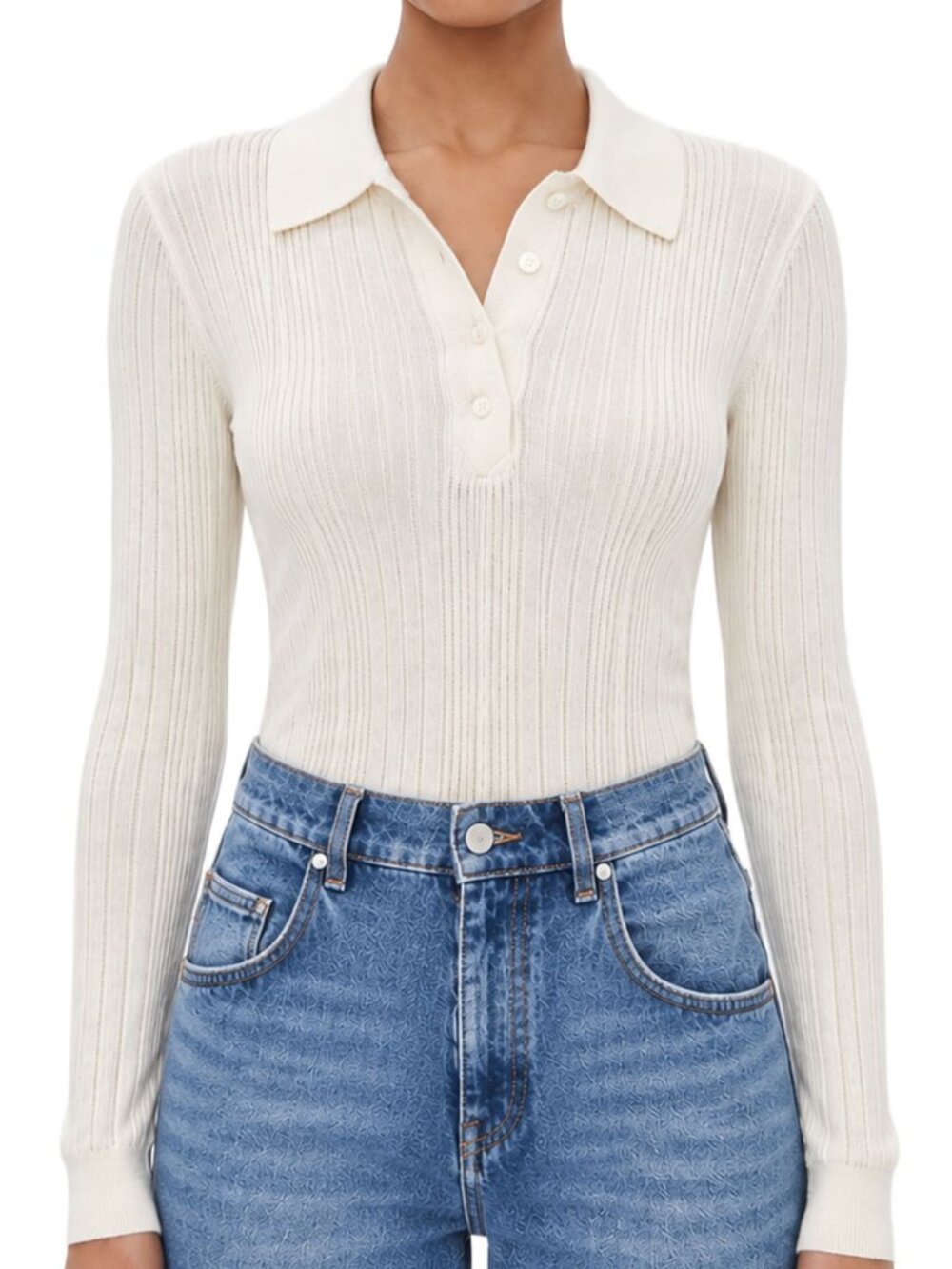 NWT Reformation Hermia Regenerative Merino Polo Ivory Cream Ribbed S
